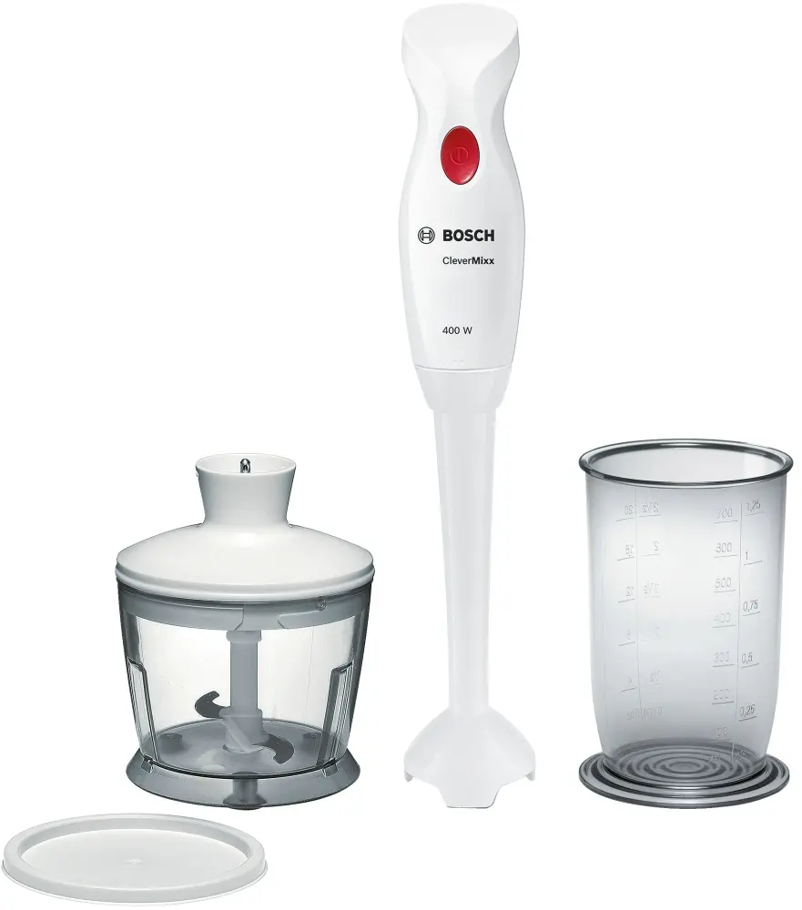Blender vertical, Bosch MSM14200, Blender, CleverMixx, 400 W, cu cană transparentă și tocător incluse, Alb, roșu închis