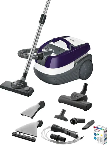 Перяща прахосмукачка, Bosch BWD41740, 3in1 vacuum cleaner for dry and wet cleaning, 2,5 lt dust container, 1700 W, EPA 10 primary filter, 9 m radius, liquid pick-up nozzles, water tank: 5 l, aubergine-white-grey - image 1