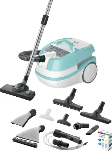 Перяща прахосмукачка, Bosch BWD420HYG, 3in1 vacuum cleaner for dry and wet cleaning, 2,5 lt dust container, 2000 W, HEPA H13, 12 m radius, liquid pick-up nozzles, parquet brush, mattress brush, water tank: 5 l, mint-white-grey - image 1