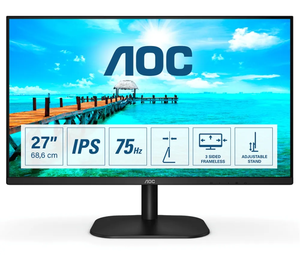 Монитор, AOC 27B2DA, 27" IPS WLED, 1920x1080@75Hz, 4ms GtG, 250cd/m2, 1000:1. DC20M:1, Adaptive Sync, FlickerFree, Low Blue Light, 2Wx2, Tilt, D-SUB, DVI, HDMI