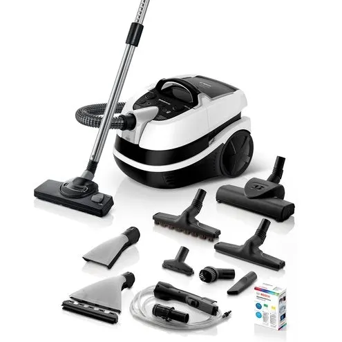 Перяща прахосмукачка, Bosch BWD421PRO, 3in1 vacuum cleaner for dry and wet cleaning, 2,5 lt dust container, 2100 W, HEPA H13, 12 m radius, liquid pick-up nozzles, parquet brush, turbo brush, water tank: 5 l, white-black-silver - image 1