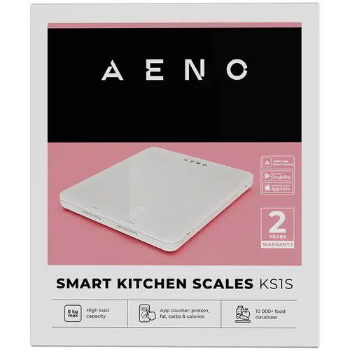 AENO Ζυγαριά κουζίνας KS1S Smart, Μέγιστο φορτίο - 8 kg, Bluetooth, 10,000+ προϊόντα & γεύματα, ανάλυση 25 δεικτών, λειτουργία καφέ, μετατροπή - 5