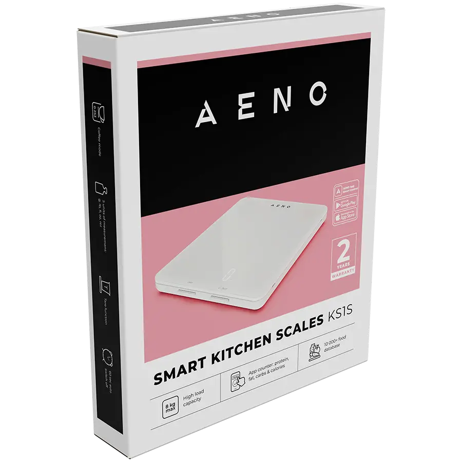 AENO Kitchen Scale KS1S Smart, Max load - 8 kg, Bluetooth, 10,000+ products & meals, 25 indicators analysis, Coffee mode, 6 unit conversion: kg, g, lb, fl, oz, ml, Material - glass - image 6