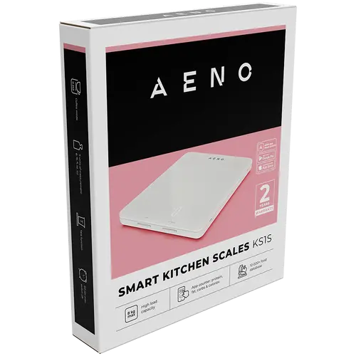 AENO Cântar de bucătărie KS1S Smart, Sarcină maximă - 8 kg, Bluetooth, 10,000+ produse și mese, analiză a 25 de indicatori, mod cafea, conversie a - 7