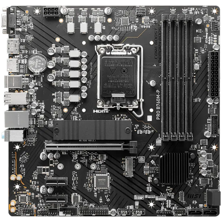 MSI PRO B760M-P, mATX, LGA 1700, Dual Channel DDR5 6800, 1x PCIe x16 slots, 2x M.2 slots, 1x HDMI, 1x DP, 1x VGA, 1x USB 3.2 Gen 2 Type-C, 1x USB 3.2 Gen 1, 4x USB 2.0, 7.1 HD Audio, 1Gbps LAN, 3Y - image 1