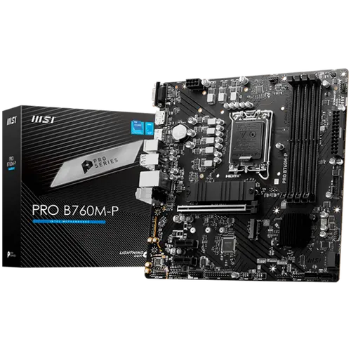 MSI PRO B760M-P, mATX, LGA 1700, Dual Channel DDR5 6800, 1x PCIe x16 slots, 2x M.2 slots, 1x HDMI, 1x DP, 1x VGA, 1x USB 3.2 Gen 2 Type-C, 1x USB 3.2 Gen 1, 4x USB 2.0, 7.1 HD Audio, 1Gbps LAN, 3Y