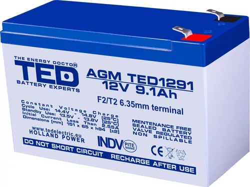 Baterie cu plumb TED ELECTRIC, AGM, 12V, 9Ah, 151/ 65/ 94 mm, Terminal 2 Baterie cu plumb TED ELECTRIC, AGM, 12V, 9Ah, 151/ 65/ 94 mm, Terminal 2
