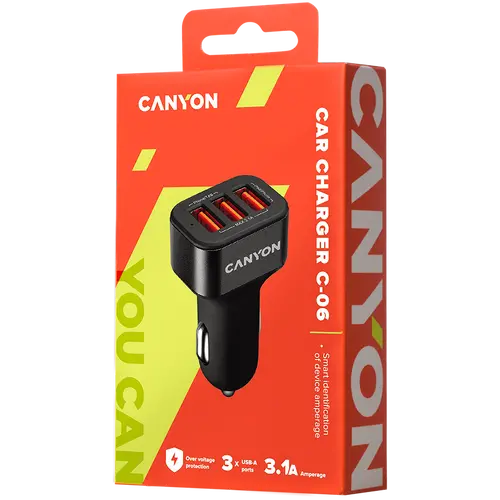 CANYON Mini 3 USB car adapter, Input 12V-24V, Output 5V-3.1A, black rubber coating+black metal ring (side with USB is in plastic) - image 3