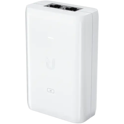 UBIQUITI PoE+ Adapter; Delivers up to 30W of PoE+; Additional power drives devices such as U6 LR, U6 Enterprise, Camera DSLR, and other PoE+ devices; Surge, peak pulse, and overcurrent protection; Contains RJ45 data input, AC cable with earth ground, and PoE+ output; LED indicator for status monitoring.