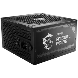 MSI MAG A750GL PCIE5, 750W, 80 Plus Gold, ATX Form Factor, 100~240 Vac Input Voltage, 47Hz ~ 63Hz Input Frequency, 120 mm Fan, 140 x 150 x 86mm, Active PFC, OCP, OVP, OPP, OTP, SCP, UVP, ATX, 2xEPS, 4XPCi-E, 8xSATA, 4xMOLEX, 1xFDD, 7Y