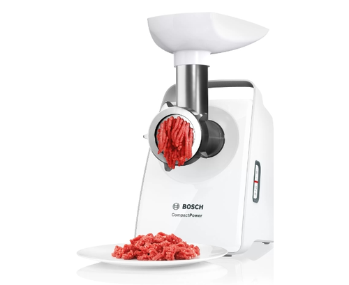 Месомелачка, Bosch MFW3X15W, Meat mincer, CompactPower 2000 W, 2,5 kg/min, Fruit press, Sausage attachment, Reverse function, White - image 1