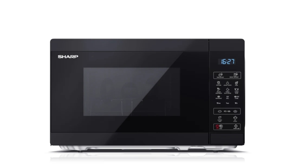 Микровълнова печка, Sharp YC-MG02E-B, Fully Digital, Built-in microwave grill, Grill Power: 1000W, Cavity Material -steel, 20l, 800 W, LED Display Blue, Timer & Clock function, Child lock, White door, Defrost, Cabinet Colour: Black
