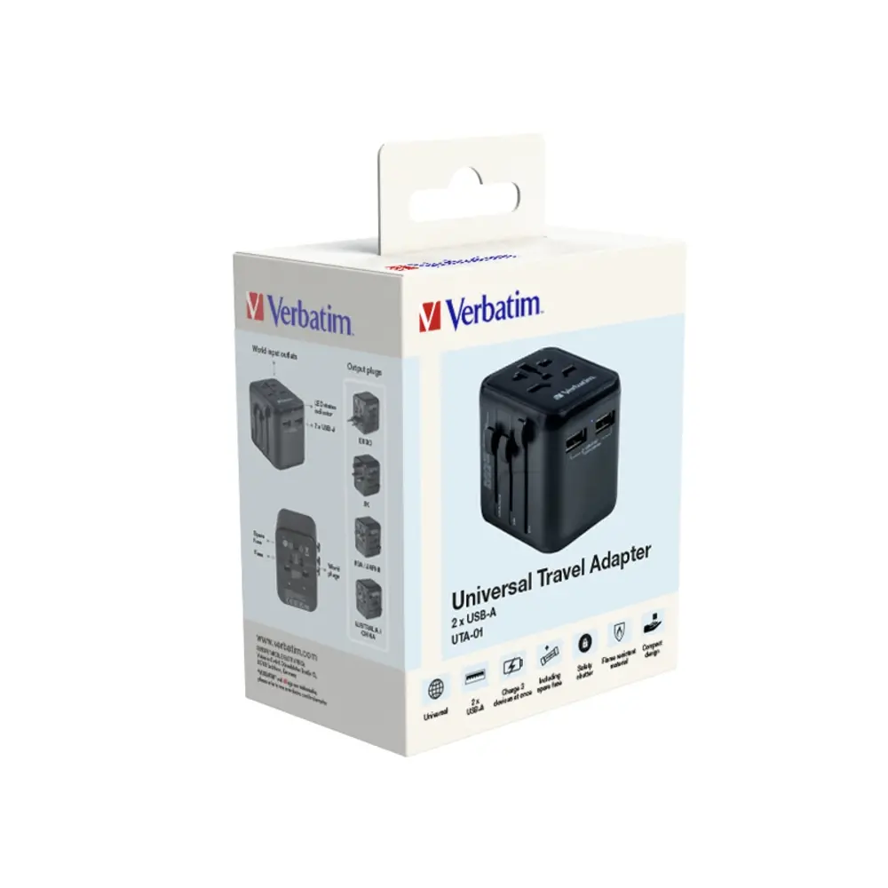 Адаптер, Verbatim UTA-01 Universal Travel Adapter with 2 x USB-A ports - image 8