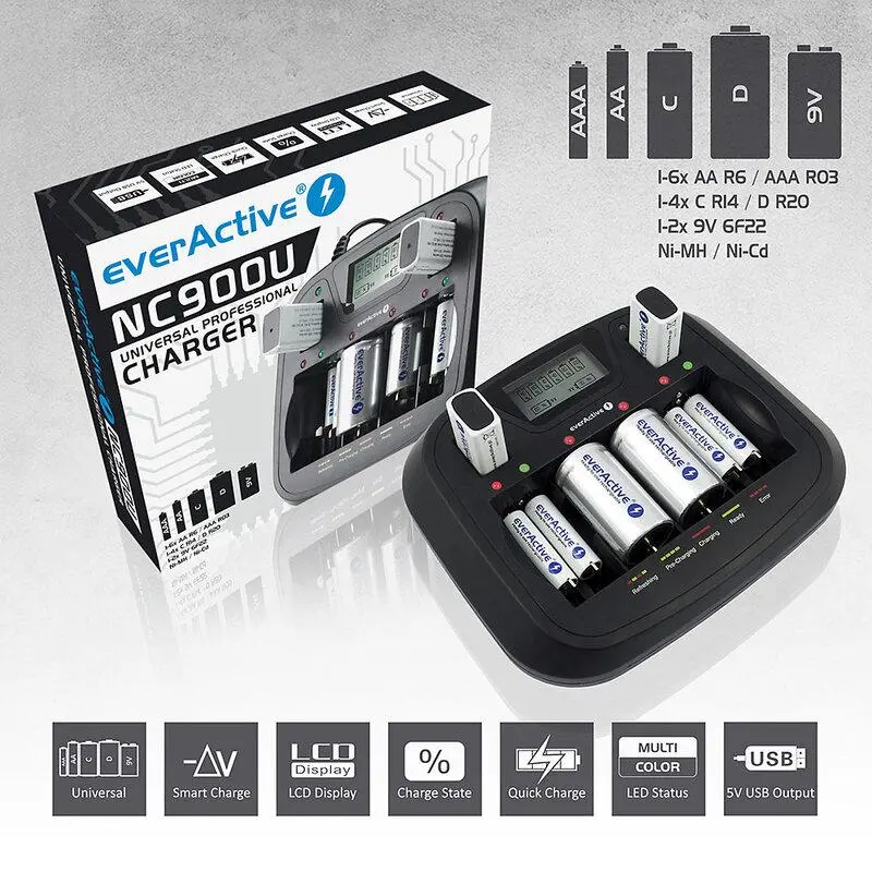 Încărcător Universal Charger NIMH R6,03,14,20,22 cu microprocesor NC900U EVERACTIVE - image 1