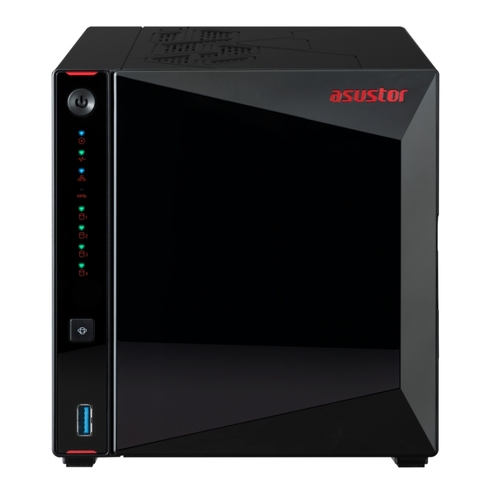 Мрежов сторидж, Asustor Nimbustor AS5404T, 4 Bay NAS, Quad-Core 2.0GHz CPU, Dual 2.5GbE Ports, 4GB SO-DIMM DDR4 (Max. 16GB), Four M.2 SSD Slots (Diskless), 3x USB 3.2 Gen 1 Type A, WOW (Wake on WAN), WOL, System Sleep Mode, AES-NI hardware encryption, Black