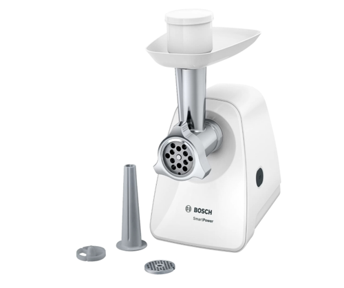 Месомелачка, Bosch MFW2510W, Meat mincer, SmartPower Meat mincer from SmartPower range: 1500W, 1,7 kg/min, 2 sieves, 1 sausage horn, no reverse, white