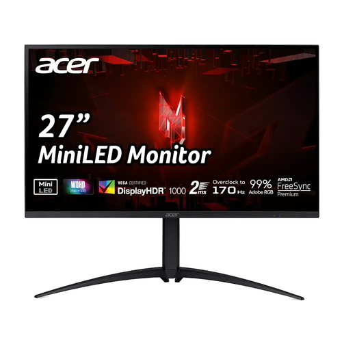 Монитор, Acer Nitro XV275UP3biiprx, 27" VA, Anti-Glare, QHD Mini Led 2560x1440, 99% AdobeRGB, ZeroFrame, FreeSync Premium, up to 170Hz, 1ms, 100M:1, 600 up to 1000 cd/m2, 1xDP, 2xHDMI, Audio out, VESA, Tilt, Swivel, Hgt Adj, Pivot, Acer Display Widget, Black