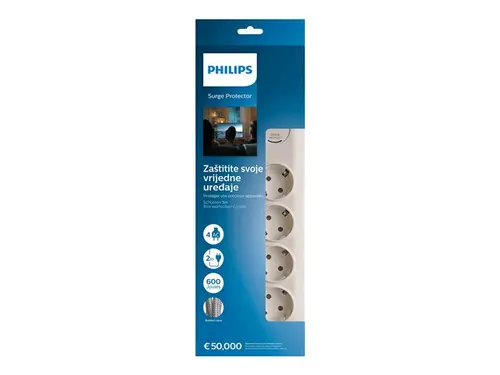 PHILIPS Surge protector 4 outlets 600J of surge protection 3680W 16A Automatic safety shutter