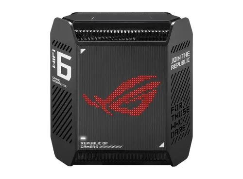 Меш система, Asus Gaming Mesh WiFi system, ROG Rapture GT6 1PK, AX10000,Tri-Band, up to 275m2, Tri-Core 1.7GHz CPU, 256MB/512MB Flash/RAM, 2.5G port, AiProtection Pro, Adaptive QoS, VPN server/client, IPTV, OFDMA, MU-MIMO, Beamforming, Link Aggregation, AiMesh, Black - image 1
