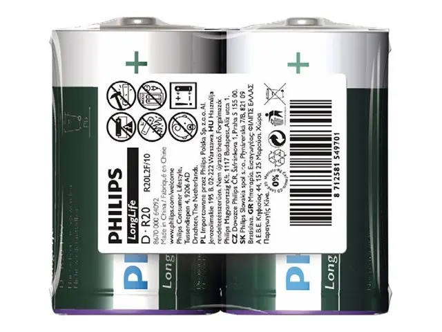 Philips Longlife батерия R20 (D), 2-foil