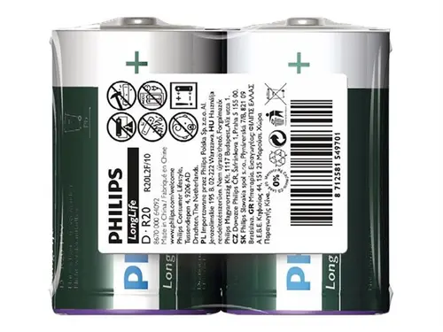 Philips Longlife батерия R20 (D), 2-foil