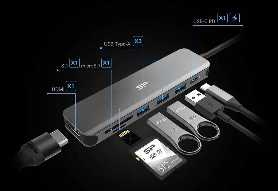 SILICON POWER Boost SU20 Σταθμός σύνδεσης 7σε1 USB USB-C HDMI κάρτα SD - image 3