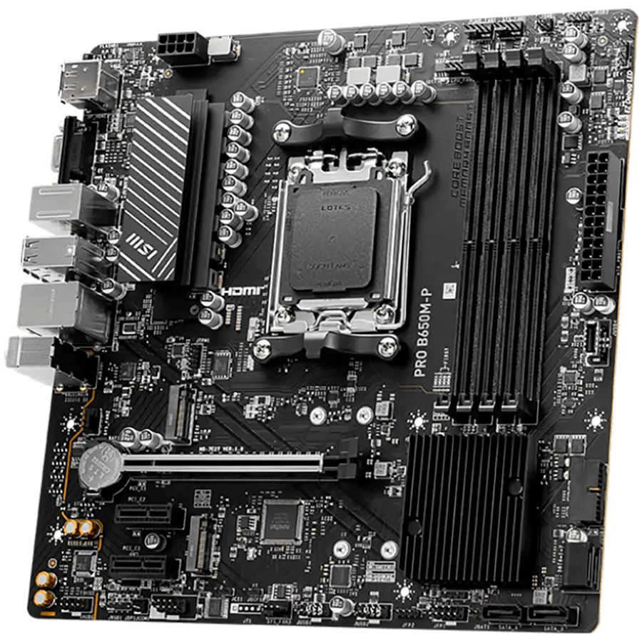 MSI PRO B650M-P,ATX, Socket AM5,AMD B650, 4xDDR5, Dual Channel DDR5 up to 7200+(OC)MHz,1x PCIe 4.0/3.0 x16 slot,2x M.2 slots,2x USB 3.2 Gen 2 (1x Type-C),2x USB 3.2 Gen 1,4x USB 2.0,1x HDMI,1x DP,2.5G LAN,7.1 Audio,3y warranty - image 1