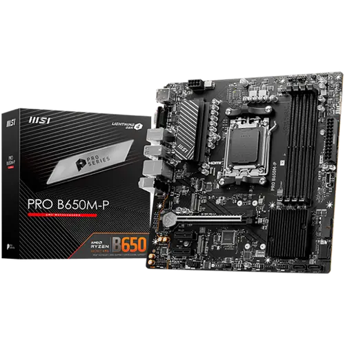 MSI PRO B650M-P,ATX, Socket AM5,AMD B650, 4xDDR5, Dual Channel DDR5 up to 7200+(OC)MHz,1x PCIe 4.0/3.0 x16 slot,2x M.2 slots,2x USB 3.2 Gen 2 (1x Type-C),2x USB 3.2 Gen 1,4x USB 2.0,1x HDMI,1x DP,2.5G LAN,7.1 Audio,3y warranty