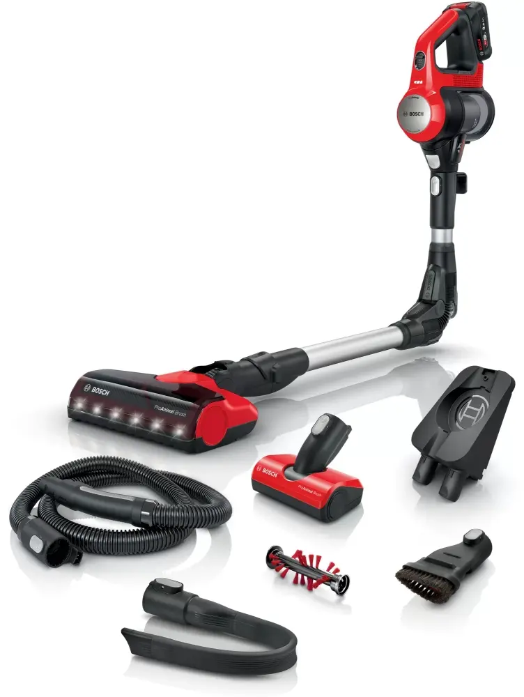 Прахосмукачка, Bosch BBS711ANM, Cordless Handstick Vacuum Cleaner, Unlimited 7 ProAnimal, TurboSpin motor, 82 dB(A), 3.0 Ah battery, 18.0V, AllFloor ProAnimal Brush with LED, Red