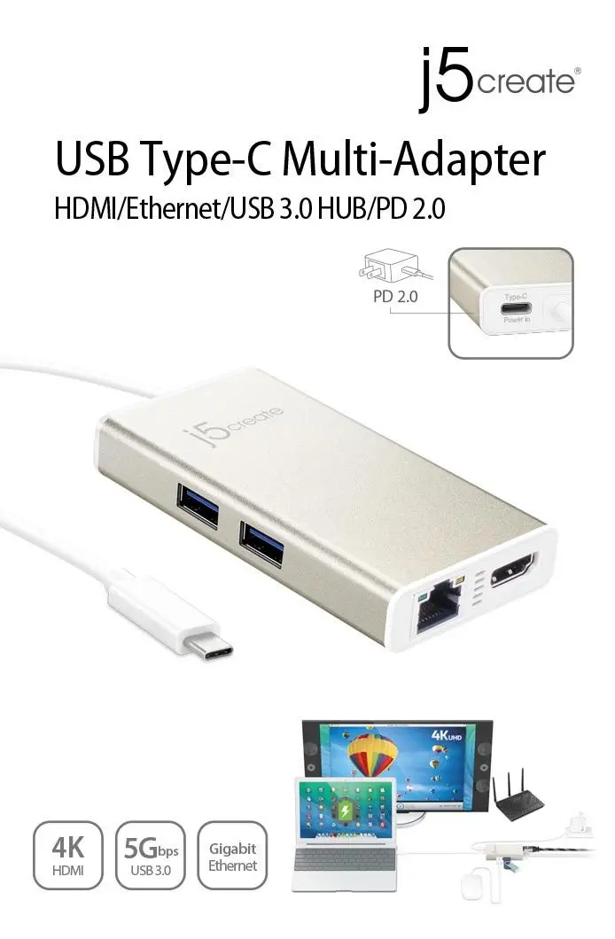 Мултипортов USB-C адаптер j5Create JCA374, HDMI, Ethernet, USB 3.0 хъб, PD 2.0 - image 2