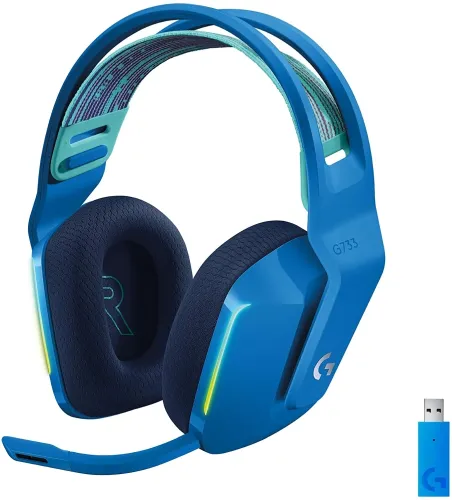 Слушалки, Logitech G733 Wireless Headset, Lightsync RGB, Lightspeed Wireless, PRO-G 40 mm Drivers, DTS Headphone:X 2.0 Surround, Blue Voice Microphone, 278 g, Blue