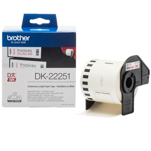 Консуматив, Brother DK-22251 Roll, Black and Red on White Continuous Length Paper Tape, 62mm x 15.24m