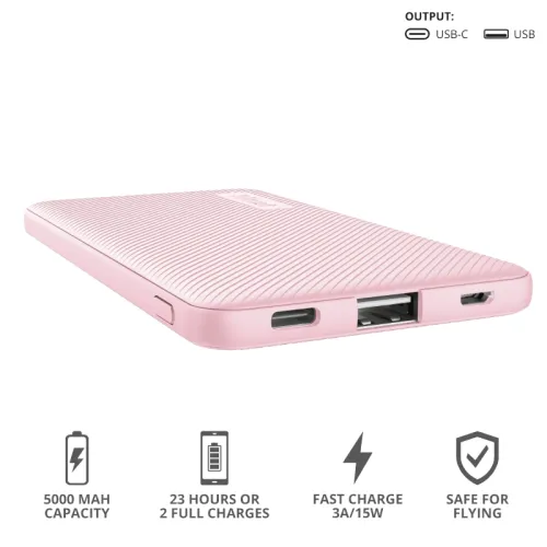 Външна батерия, TRUST Primo Fast Ultra-thin Powerbank 5000 mAh Pink - image 5