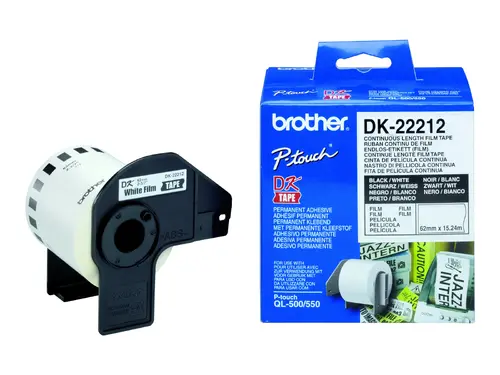 Consumabil, Brother DK-22212 bandă film continuă albă 62mm x 15.24m, negru pe alb Consumabil, Brother DK-22212 bandă film continuă albă 62mm x 15.24m, negru pe alb