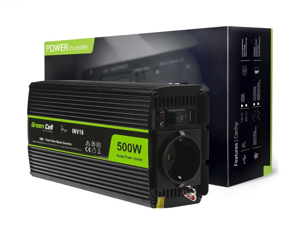 Inverter GREEN CELL, 12/220V, DC/AC, 500W/1000W, Καθαρό ημίτονο