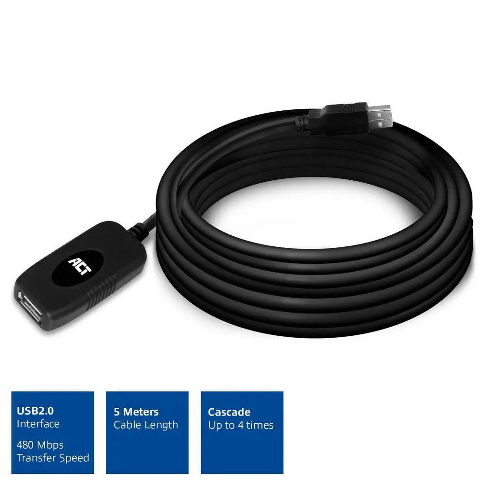Кабел ACT AC6005 USB-A мъжко - женско, 5.0 м - image 1