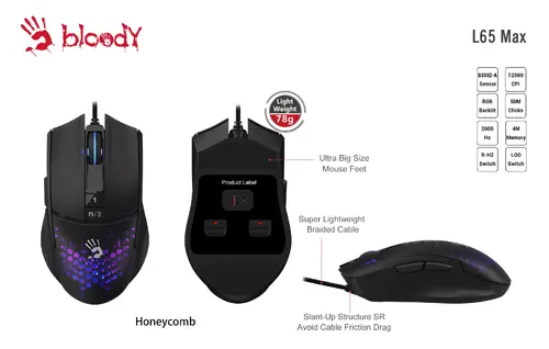 Геймърска мишка A4tech bloody L65 Max, Жична, 12000 cpi, Черна - image 3