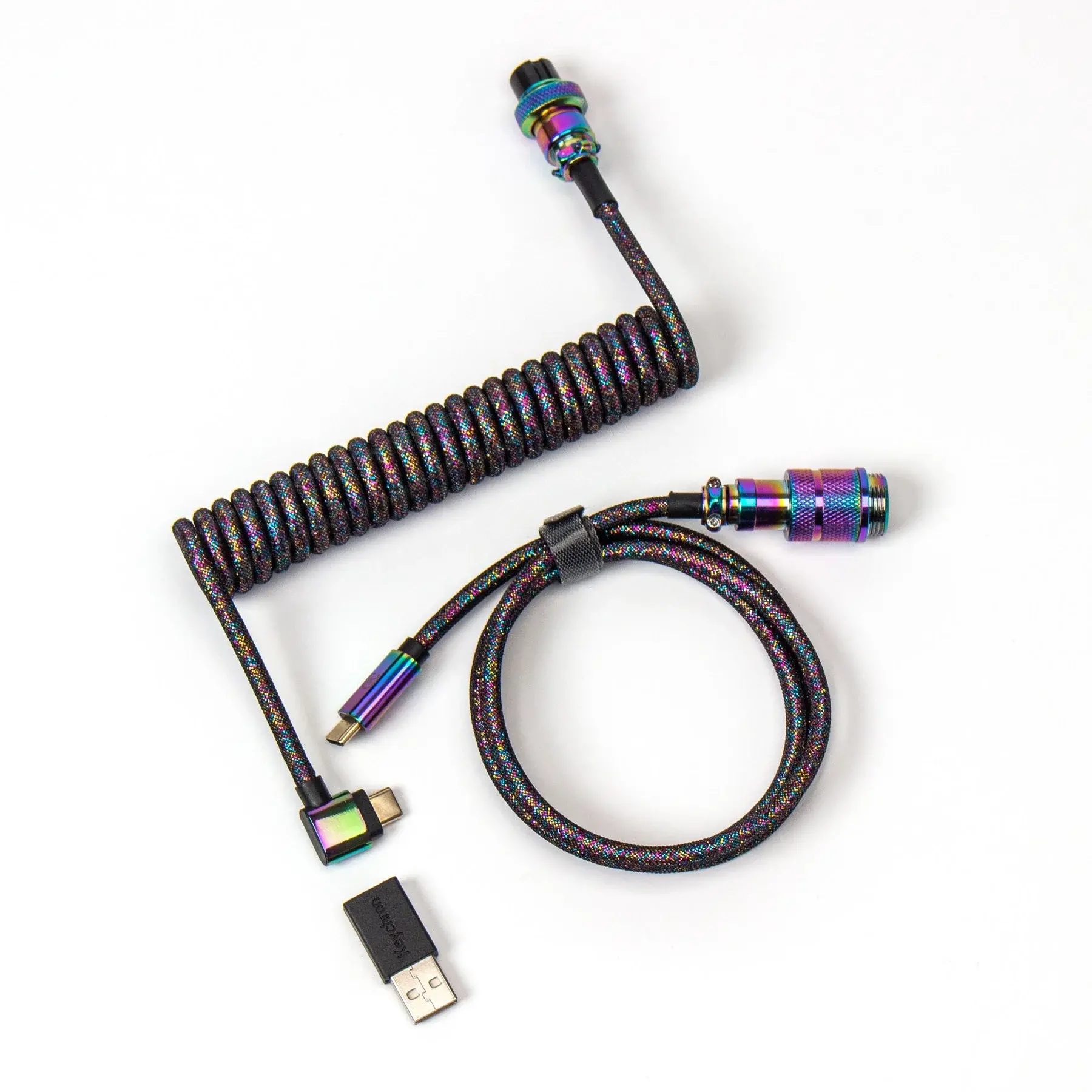 Cablu pentru tastatură Keychron Colorful Premium Coiled Angled, USB-C - USB-C, negru cu placare Rainbow