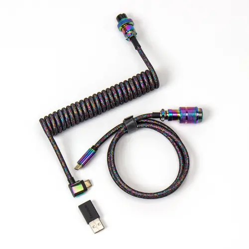 Καλώδιο πληκτρολογίου Keychron Colorful Premium Coiled Angled, USB-C - USB-C, μαύρο με επιμετάλλωση Rainbow - 1