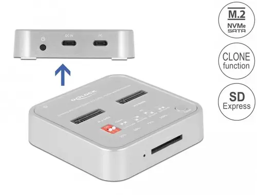 Докинг станция Delock 1 x M.2 NVMe SSD, 1 x M.2 SATA SSD, SD Express Card Reader, Клониране - image 1