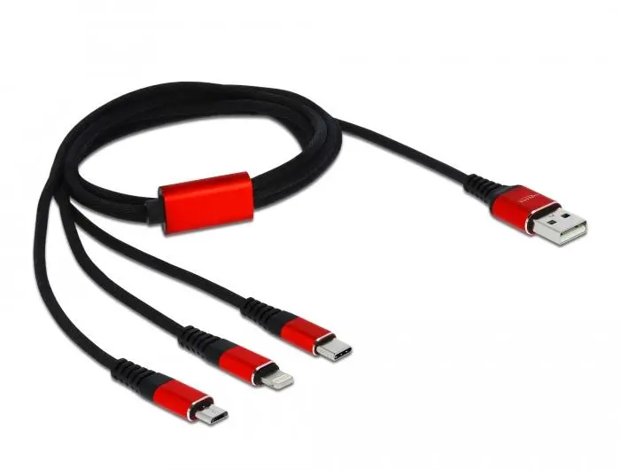 Кабел за зареждане Delock 3 в 1, USB - Lightning/ Micro USB/ USB-C, 1м, Черен/Червен