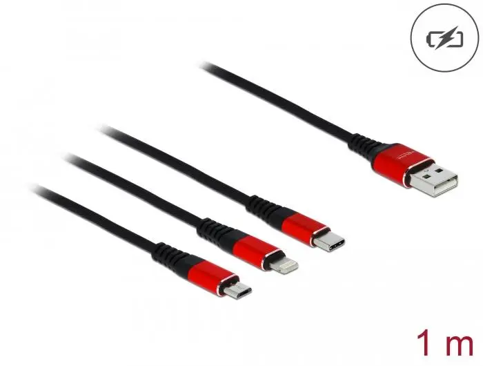Кабел за зареждане Delock 3 в 1, USB - Lightning/ Micro USB/ USB-C, 1м, Черен/Червен - image 1