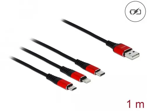 Кабел за зареждане Delock  3 в 1, USB - Lightning/ Micro USB/ USB-C, 1м, Черен/Червен - image 1