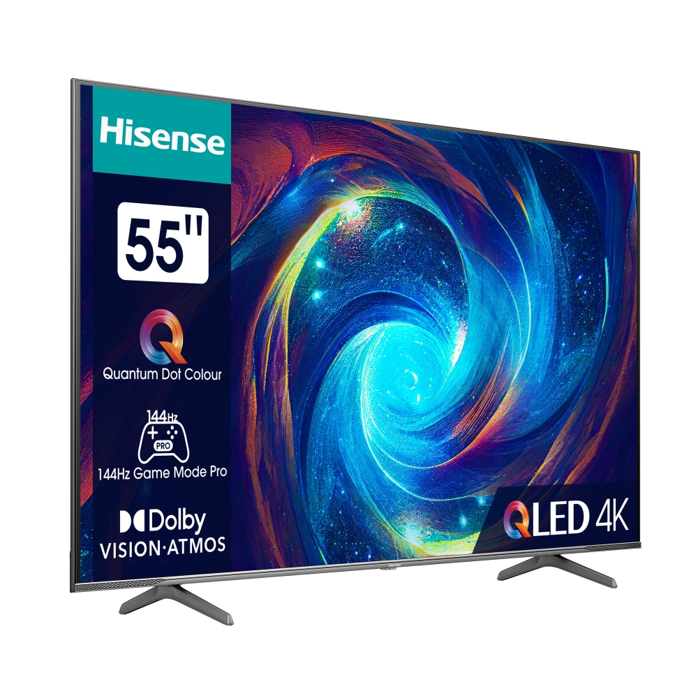 Телевизор, Hisense 55" E7KQ Pro, 4K Ultra HD 3840x2160, QLED, Quantum Dot, 120Hz, HDR 10+ adaptive, HLG, Dolby Vision, DTS Virtual X, Smart TV, WiFi 5GHz, WiFi Direct, BT, Anyview Cast, 3xHDMI, 2xUSB, LAN, CI+, DVB-T2/C/S2, Black - image 1