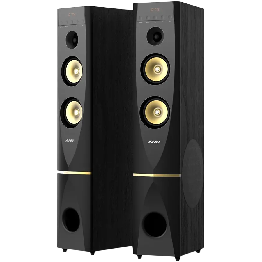 FENDA F&D T-88X 2.0 Floorstanding Speakers, 300W RMS (150x2), 1'' Tweeter + 5.25'' Speaker + 10'' Subwoofer for each channel, BT 4.2/HDMI/Optical/Coaxial/AUX/USB/FM/Karaoke function/LED Display/Remote Control/Microphone included/Wooden/Black