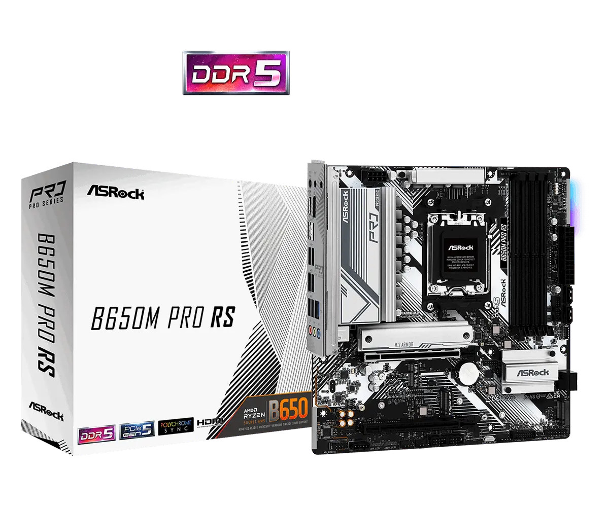 ASROCK MB Desktop B650M PRO RS, AM5, 4x DDR5, 1x PCIe 4.0 x16, 1x PCIe 3.0 x16, 1x Blazing M.2(PCIe Gen5x4), 1x Hyper M.2, 4x SATA3, RAID 0, 1, 10, 7.1 CH HD Audio, 1x HDMI, 1x DP, 2.5G LAN, 6x USB 3.2, 8x USB 2.0, 2x USB-C, mATX