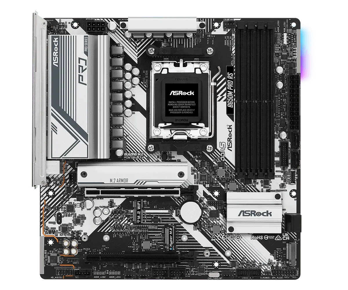 ASROCK MB Desktop B650M PRO RS, AM5, 4x DDR5, 1x PCIe 4.0 x16, 1x PCIe 3.0 x16, 1x Blazing M.2(PCIe Gen5x4), 1x Hyper M.2, 4x SATA3, RAID 0, 1, 10, 7.1 CH HD Audio, 1x HDMI, 1x DP, 2.5G LAN, 6x USB 3.2, 8x USB 2.0, 2x USB-C, mATX - image 1