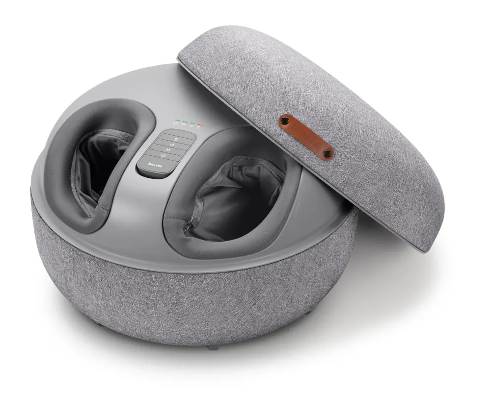 Масажор, Beurer FM 120 Shiatsu foot massager + modern stool; Shiatsu and air pressure massage; Heat function; 3 massage programmes; 3 intensity levels of air compression massage; shoe size 46; washable and removable cover; wireless control