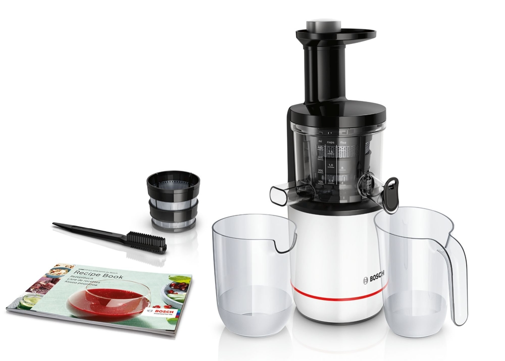 Сокоизстисквачка, Bosch MESM500W, Slow juicer VitaExtract 150 W, 55 rpm, 1 speed + reverse function, tritan screw, MixControl lever, juice container 1 l, pulp container 1,3l, 2 filters (fine, coarse), white / black