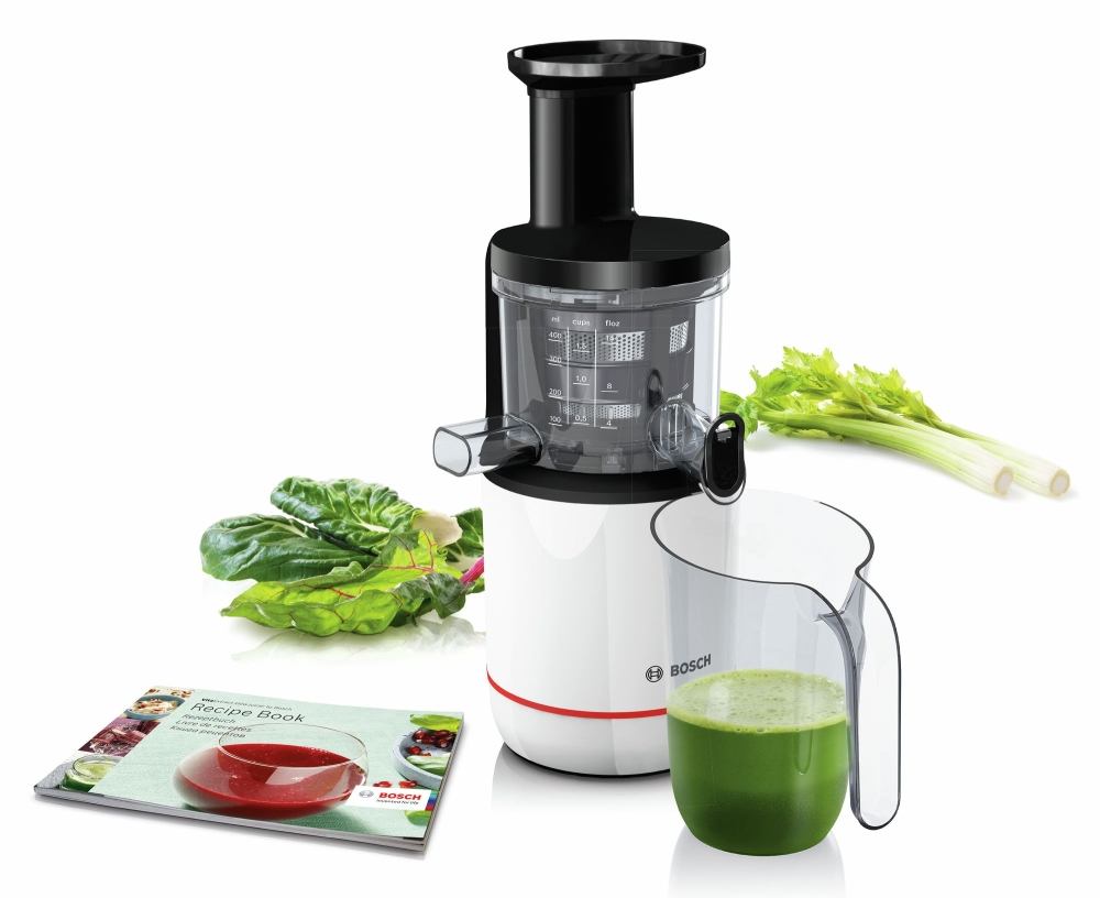 Сокоизстисквачка, Bosch MESM500W, Slow juicer VitaExtract 150 W, 55 rpm, 1 speed + reverse function, tritan screw, MixControl lever, juice container 1 l, pulp container 1,3l, 2 filters (fine, coarse), white / black - image 7